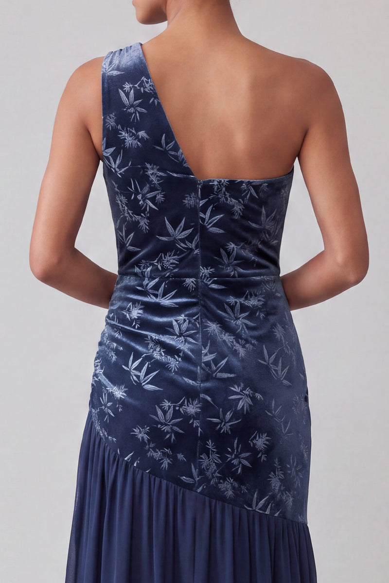 Load image into Gallery viewer, Floral Navy Velvet One Shoulder Sheath Long Mother of the Bride Dress