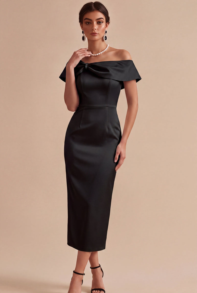 Load image into Gallery viewer, White Sheath Satin Off the Shoulder Midi Engagement Dress with Pearls
