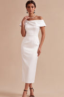 Load image into Gallery viewer, White Sheath Satin Off the Shoulder Midi Engagement Dress with Pearls