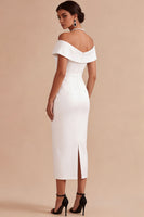 Load image into Gallery viewer, White Sheath Satin Off the Shoulder Midi Engagement Dress with Pearls
