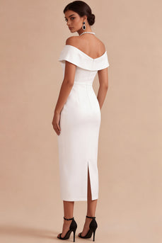 White Sheath Satin Off the Shoulder Midi Engagement Dress with Pearls