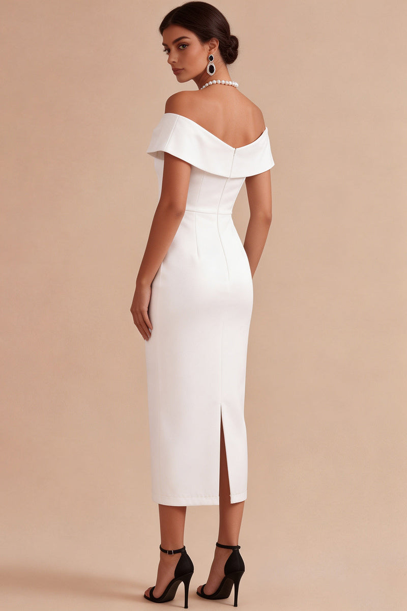 Load image into Gallery viewer, White Sheath Satin Off the Shoulder Midi Engagement Dress with Pearls