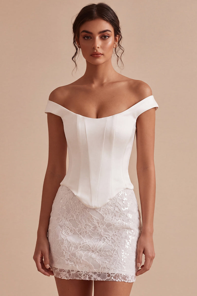Load image into Gallery viewer, Sparkly White Tight Corset Off the Shoulder Short Graduation Dress with Sequins
