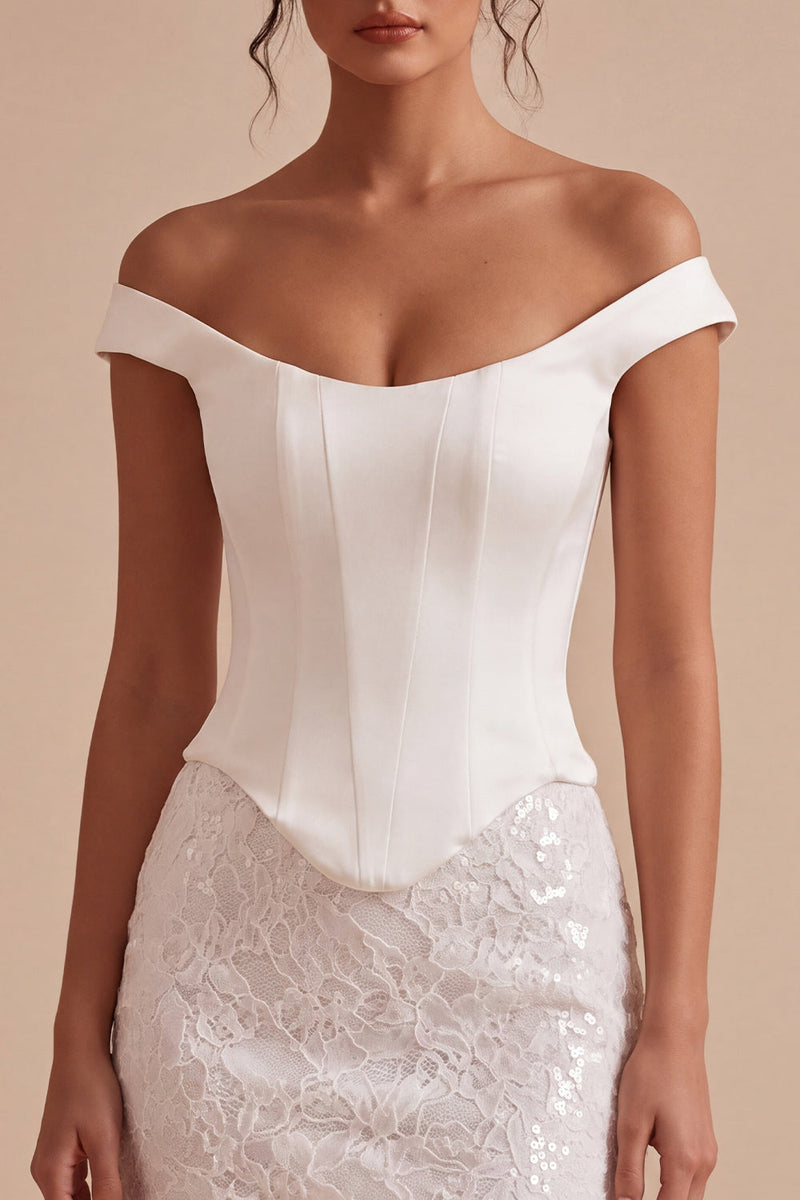 Load image into Gallery viewer, Sparkly White Tight Corset Off the Shoulder Short Graduation Dress with Sequins