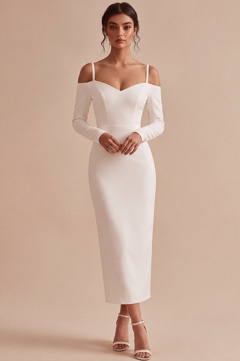 Load image into Gallery viewer, White Cold Shoulder Sheath Long Engagement Dress with Sleeves