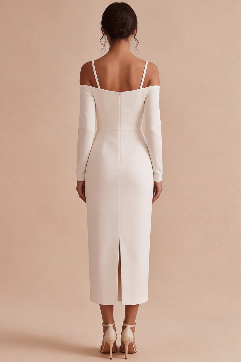 Load image into Gallery viewer, White Cold Shoulder Sheath Long Engagement Dress with Sleeves