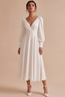 Load image into Gallery viewer, White V-Neck A Line Ruched Midi Engagement Dress with Sleeves