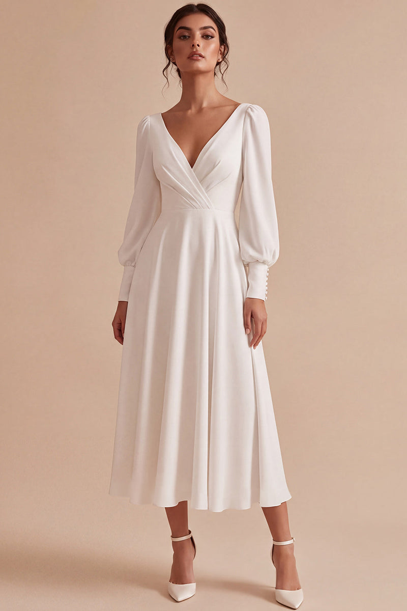 Load image into Gallery viewer, White V-Neck A Line Ruched Midi Engagement Dress with Sleeves
