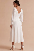 Load image into Gallery viewer, White V-Neck A Line Ruched Midi Engagement Dress with Sleeves