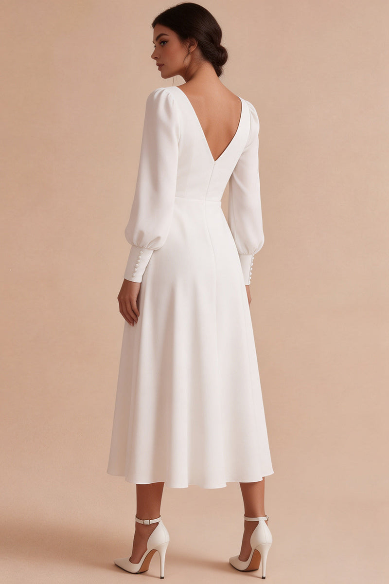 Load image into Gallery viewer, White V-Neck A Line Ruched Midi Engagement Dress with Sleeves