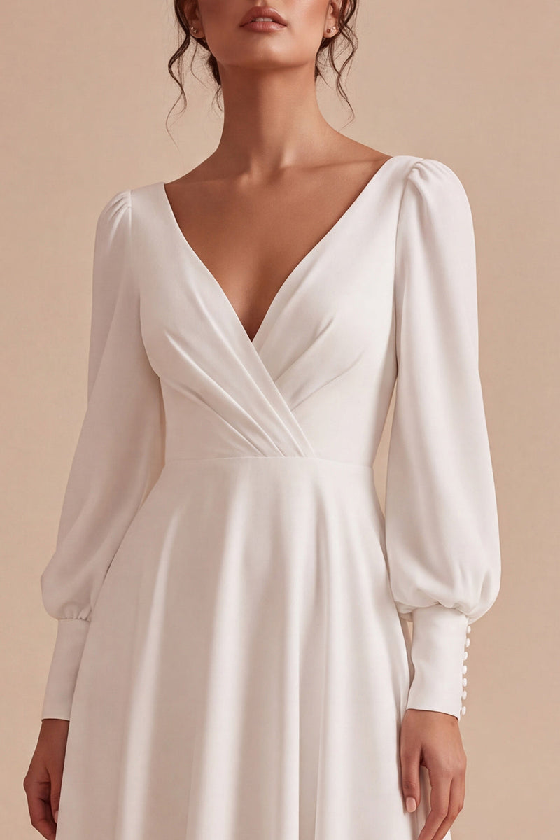Load image into Gallery viewer, White V-Neck A Line Ruched Midi Engagement Dress with Sleeves