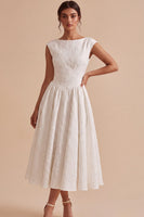 Load image into Gallery viewer, Floral White A Line Bateau Neck Midi Engagement Dress with Sleeves