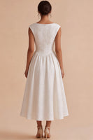 Load image into Gallery viewer, Floral White A Line Bateau Neck Midi Engagement Dress with Sleeves