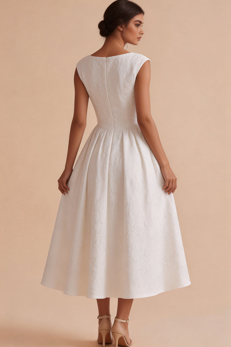 Load image into Gallery viewer, Floral White A Line Bateau Neck Midi Engagement Dress with Sleeves