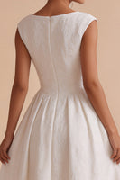 Load image into Gallery viewer, Floral White A Line Bateau Neck Midi Engagement Dress with Sleeves
