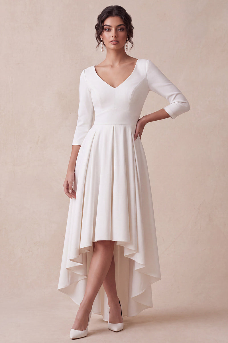 Load image into Gallery viewer, White V-Neck A Line Ruched High-Low Engagement Dress with Sleeves
