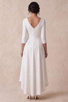 Load image into Gallery viewer, White V-Neck A Line Ruched High-Low Engagement Dress with Sleeves