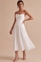 Load image into Gallery viewer, White A Line Ruched Strapless Midi Engagement Dress