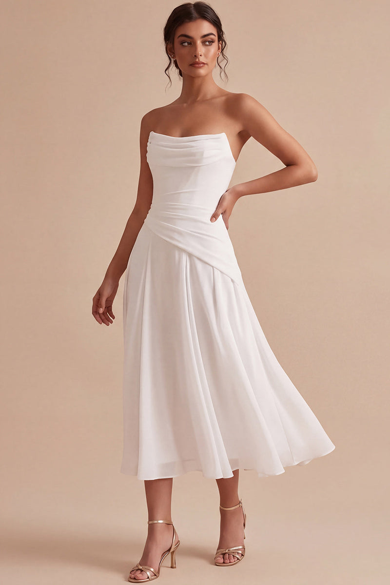Load image into Gallery viewer, White A Line Ruched Strapless Midi Engagement Dress