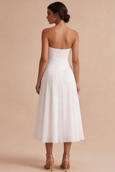 White A Line Ruched Strapless Midi Engagement Dress