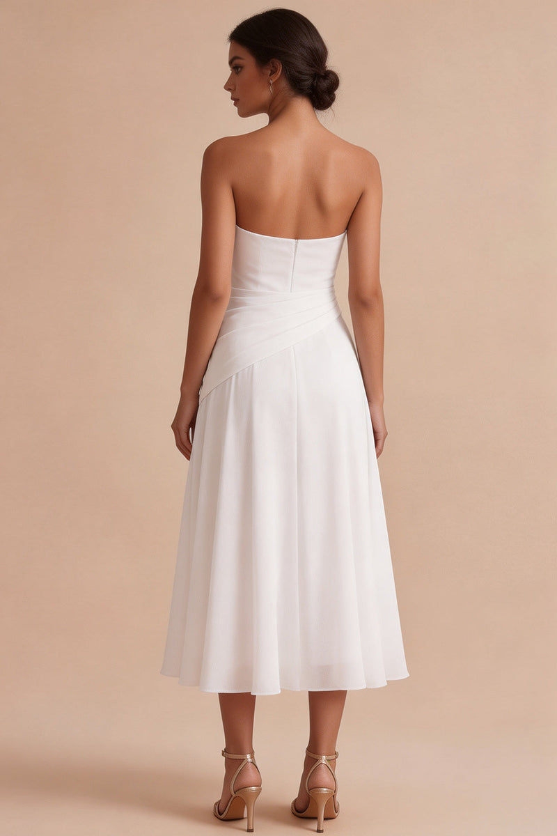 Load image into Gallery viewer, White A Line Ruched Strapless Midi Engagement Dress