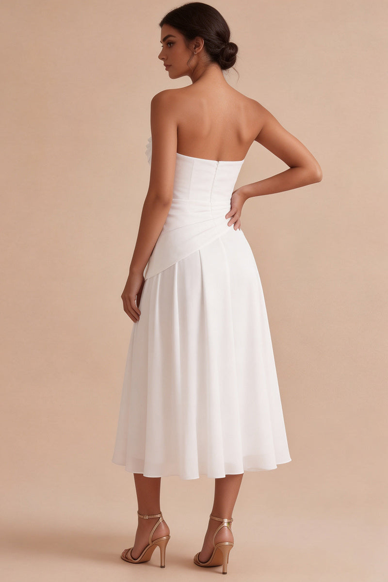 Load image into Gallery viewer, White A Line Ruched Strapless Midi Engagement Dress
