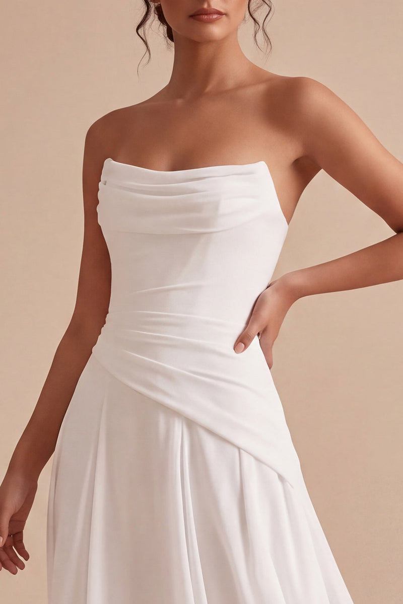 Load image into Gallery viewer, White A Line Ruched Strapless Midi Engagement Dress