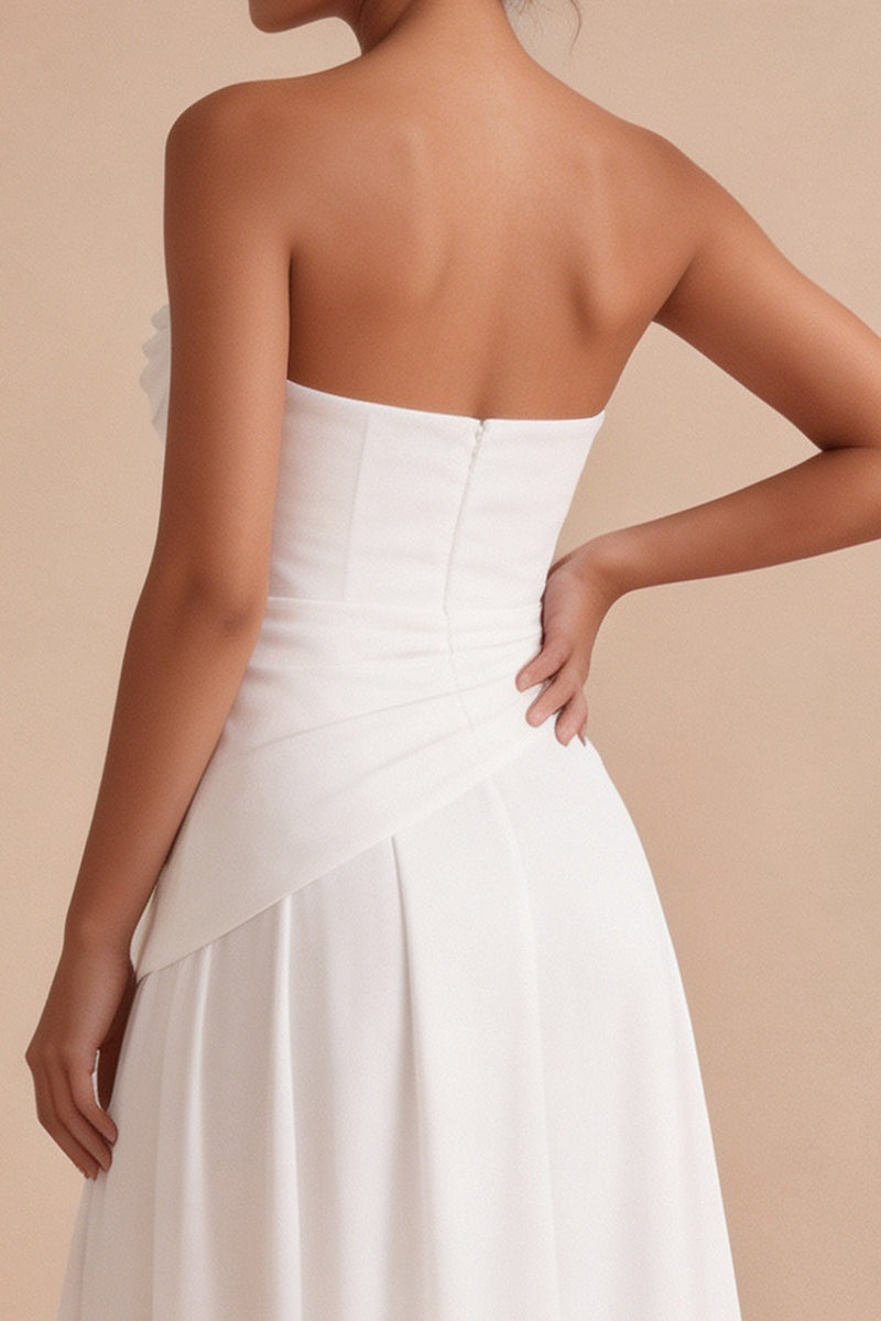 Load image into Gallery viewer, White A Line Ruched Strapless Midi Engagement Dress