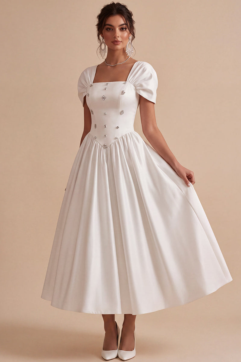 Load image into Gallery viewer, Sparkly White Square Neck A Line Maxi Engagement Dress with Rhinestones