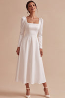Load image into Gallery viewer, A Line White Square Neck Satin Midi Engagement Dress with Sleeves