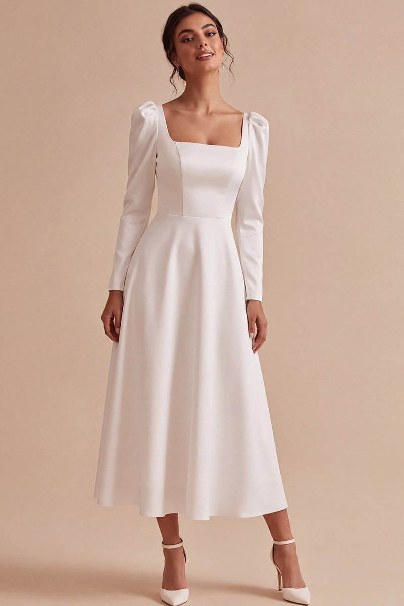 Load image into Gallery viewer, A Line White Square Neck Satin Midi Engagement Dress with Sleeves