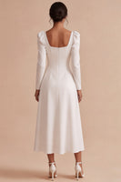 Load image into Gallery viewer, A Line White Square Neck Satin Midi Engagement Dress with Sleeves