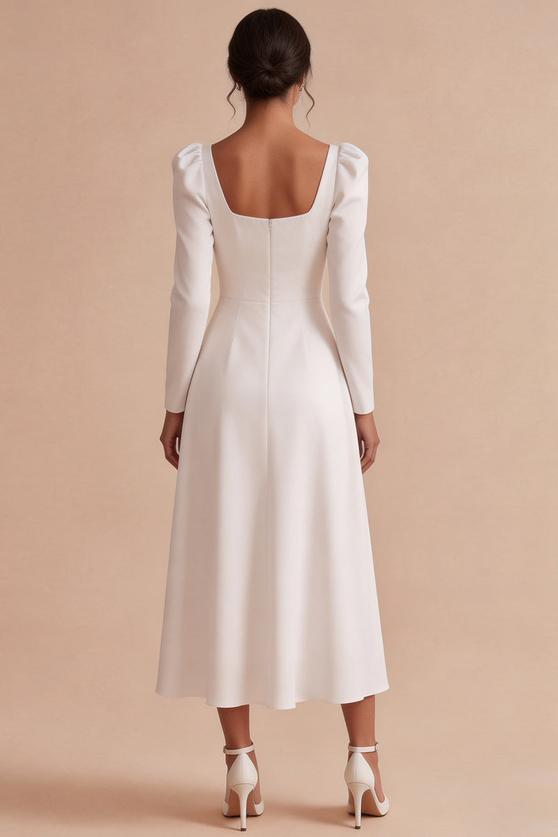 Load image into Gallery viewer, A Line White Square Neck Satin Midi Engagement Dress with Sleeves