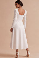 Load image into Gallery viewer, A Line White Square Neck Satin Midi Engagement Dress with Sleeves