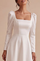 Load image into Gallery viewer, A Line White Square Neck Satin Midi Engagement Dress with Sleeves