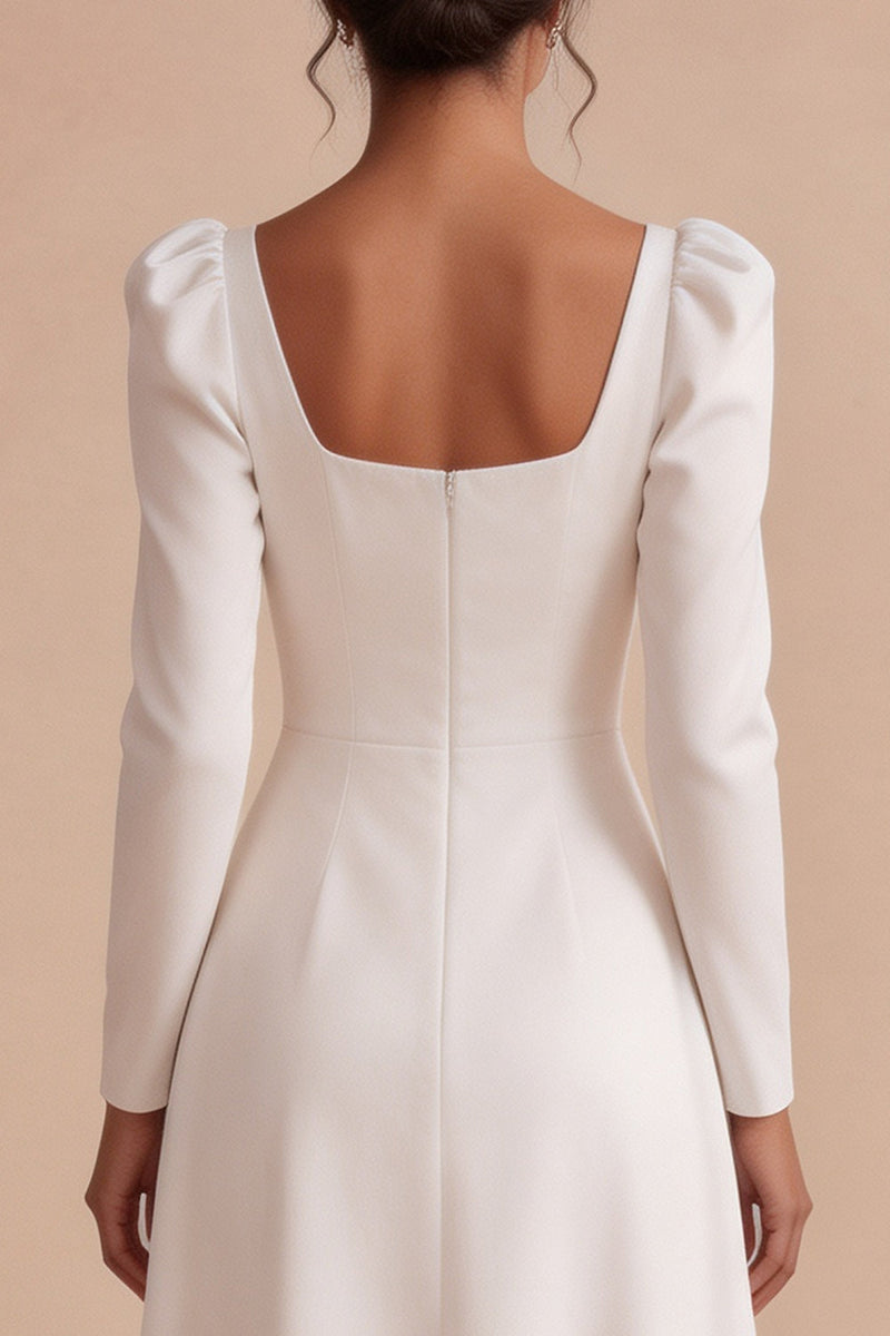 Load image into Gallery viewer, A Line White Square Neck Satin Midi Engagement Dress with Sleeves