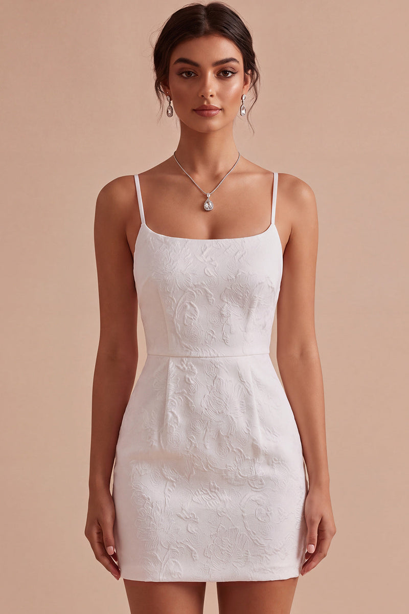 Load image into Gallery viewer, White Floral Bodycon Ruched Spaghetti Straps Short Graduation Dress