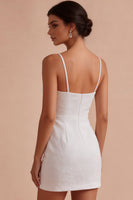 Load image into Gallery viewer, White Floral Bodycon Ruched Spaghetti Straps Short Graduation Dress