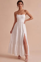 Load image into Gallery viewer, Floral White Strapless Corset Long Engagement Dress with Slit