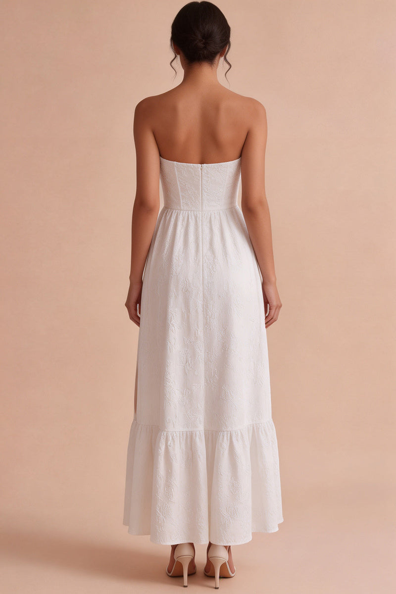 Load image into Gallery viewer, Floral White Strapless Corset Long Engagement Dress with Slit