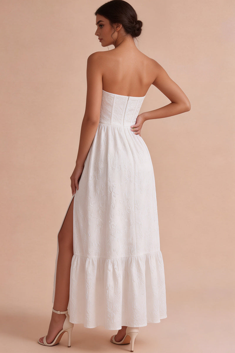 Load image into Gallery viewer, Floral White Strapless Corset Long Engagement Dress with Slit