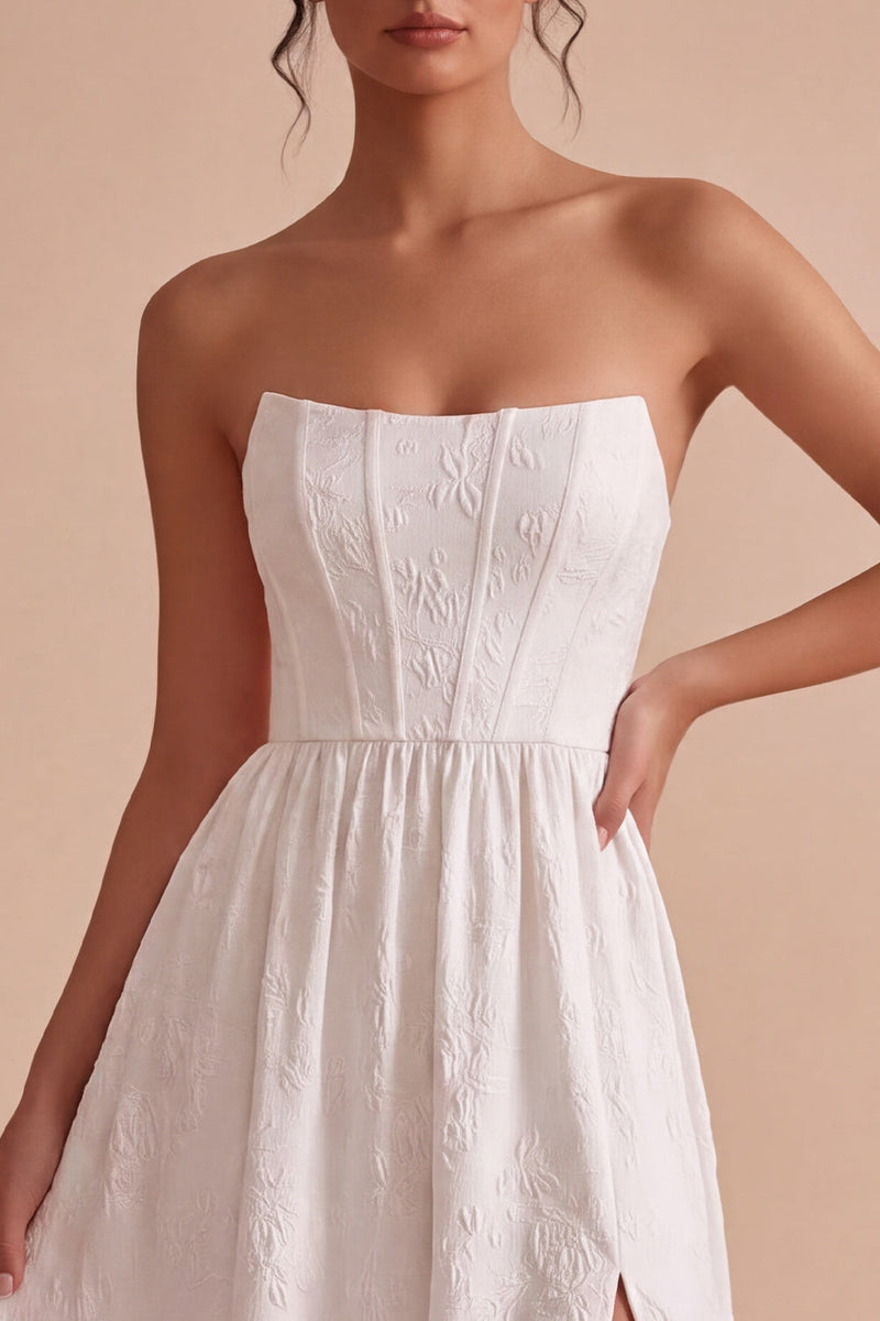 Load image into Gallery viewer, Floral White Strapless Corset Long Engagement Dress with Slit