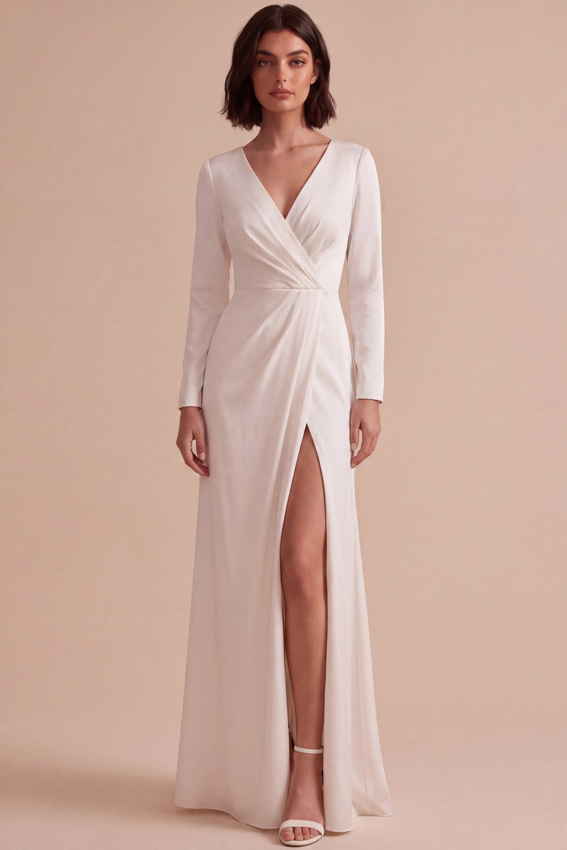 Load image into Gallery viewer, White Ruched V-Neck Sheath Long Sleeves Engagement Dress with Slit