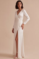 Load image into Gallery viewer, White Ruched V-Neck Sheath Long Sleeves Engagement Dress with Slit