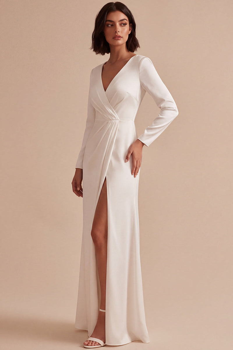 Load image into Gallery viewer, White Ruched V-Neck Sheath Long Sleeves Engagement Dress with Slit