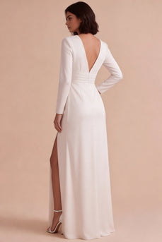 White Ruched V-Neck Sheath Long Sleeves Engagement Dress with Slit
