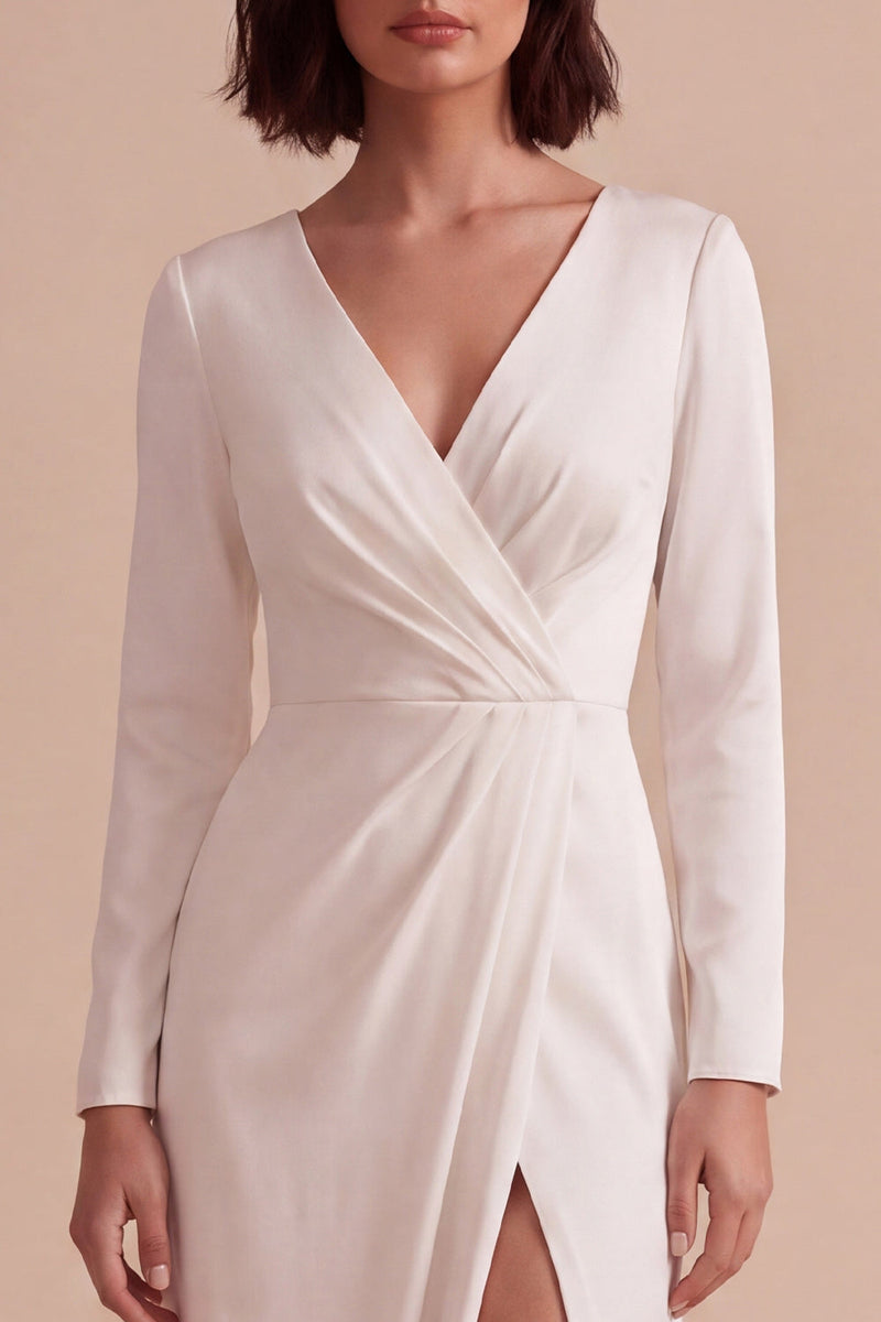Load image into Gallery viewer, White Ruched V-Neck Sheath Long Sleeves Engagement Dress with Slit