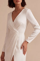 Load image into Gallery viewer, White Ruched V-Neck Sheath Long Sleeves Engagement Dress with Slit