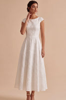 Load image into Gallery viewer, White Floral  A Line Boat Neck Long Engagement Dress with Sleeves