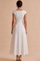 Load image into Gallery viewer, White Floral  A Line Boat Neck Long Engagement Dress with Sleeves
